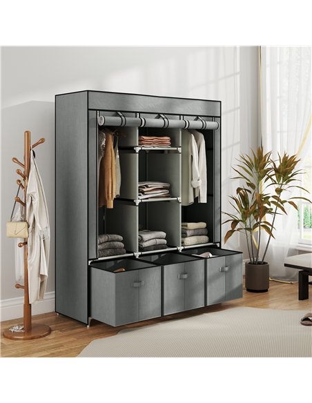 HOMCOM Fabric Wardrobe for Bedroom, Portable Wardrobe with 5 Shelves, 2 Hanging Rails and 3 Fabric Drawers, Foldable Closet, 125