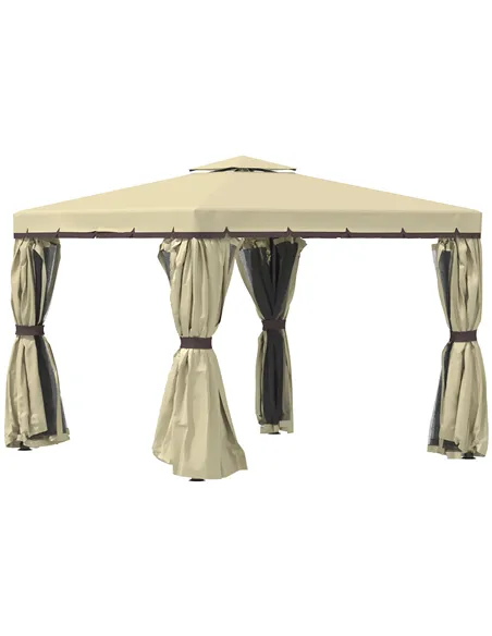 Outsunny 3 x 3(m) Patio Gazebo Canopy Garden Pavilion Tent Shelter with 2 Tier Water Repellent Roof, Mosquito Netting and Curtai