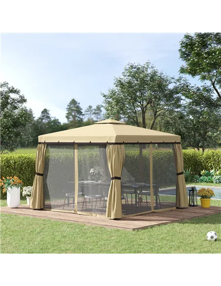Outsunny 3 x 3(m) Patio Gazebo Canopy Garden Pavilion Tent Shelter with 2 Tier Water Repellent Roof, Mosquito Netting and Curtai