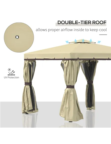 Outsunny 3 x 3(m) Patio Gazebo Canopy Garden Pavilion Tent Shelter with 2 Tier Water Repellent Roof, Mosquito Netting and Curtai
