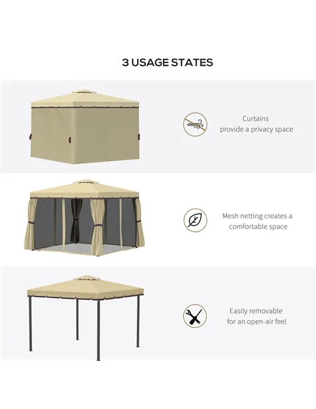 Outsunny 3 x 3(m) Patio Gazebo Canopy Garden Pavilion Tent Shelter with 2 Tier Water Repellent Roof, Mosquito Netting and Curtai