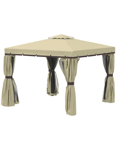 Outsunny 3 x 3(m) Patio Gazebo Canopy Garden Pavilion Tent Shelter with 2 Tier Water Repellent Roof, Mosquito Netting and Curtai