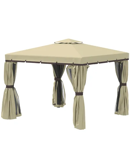 Outsunny 3 x 3(m) Patio Gazebo Canopy Garden Pavilion Tent Shelter with 2 Tier Water Repellent Roof, Mosquito Netting and Curtai