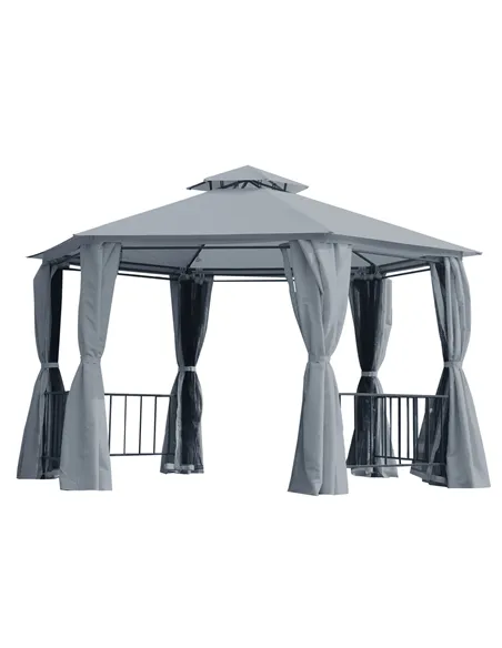 Outsunny 3 x 3(m) Hexagon Gazebo Patio Canopy Party Tent Outdoor Garden Shelter w/ 2 Tier Roof & Side Panel - Grey