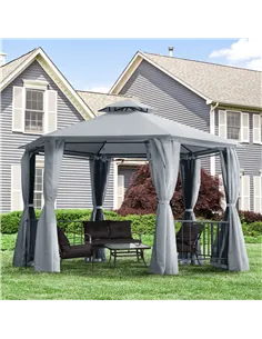 Outsunny 3 x 3(m) Hexagon Gazebo Patio Canopy Party Tent Outdoor Garden Shelter w/ 2 Tier Roof & Side Panel - Grey 2