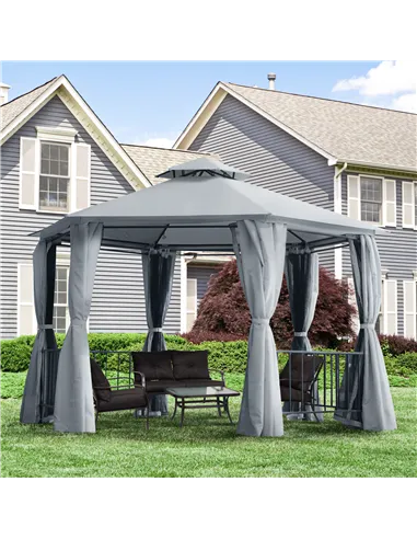 Outsunny 3 x 3(m) Hexagon Gazebo Patio Canopy Party Tent Outdoor Garden Shelter w/ 2 Tier Roof & Side Panel - Grey