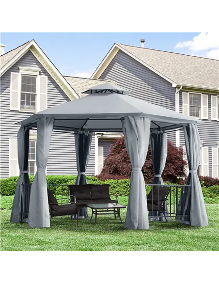 Outsunny 3 x 3(m) Hexagon Gazebo Patio Canopy Party Tent Outdoor Garden Shelter w/ 2 Tier Roof & Side Panel - Grey