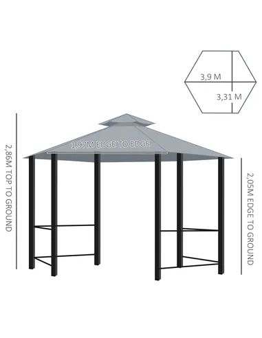 Outsunny 3 x 3(m) Hexagon Gazebo Patio Canopy Party Tent Outdoor Garden Shelter w/ 2 Tier Roof & Side Panel - Grey