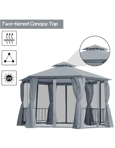 Outsunny 3 x 3(m) Hexagon Gazebo Patio Canopy Party Tent Outdoor Garden Shelter w/ 2 Tier Roof & Side Panel - Grey