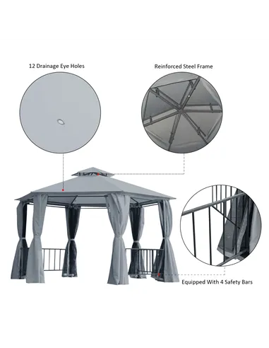 Outsunny 3 x 3(m) Hexagon Gazebo Patio Canopy Party Tent Outdoor Garden Shelter w/ 2 Tier Roof & Side Panel - Grey