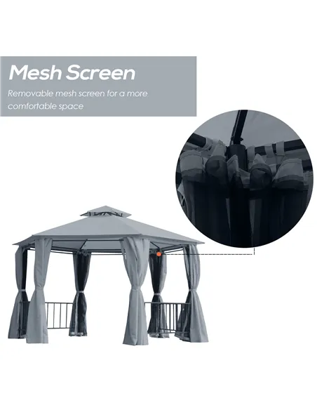Outsunny 3 x 3(m) Hexagon Gazebo Patio Canopy Party Tent Outdoor Garden Shelter w/ 2 Tier Roof & Side Panel - Grey