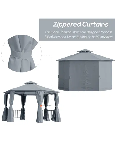 Outsunny 3 x 3(m) Hexagon Gazebo Patio Canopy Party Tent Outdoor Garden Shelter w/ 2 Tier Roof & Side Panel - Grey