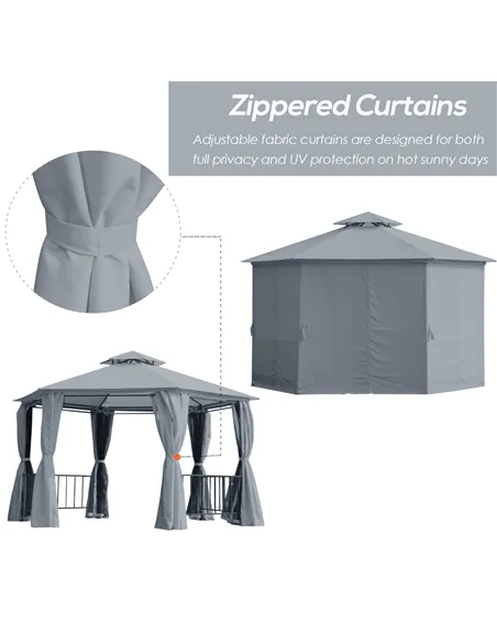 Outsunny 3 x 3(m) Hexagon Gazebo Patio Canopy Party Tent Outdoor Garden Shelter w/ 2 Tier Roof & Side Panel - Grey