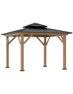 Outsunny 3.5 x 3.5m Outdoor Hardtop Gazebo Canopy with Two-tier Metal Roof and Solid Wood Frame Outdoor Patio Shelter for Patio,