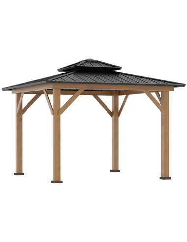 Outsunny 3.5 x 3.5m Outdoor Hardtop Gazebo Canopy with Two-tier Metal Roof and Solid Wood Frame Outdoor Patio Shelter for Patio,