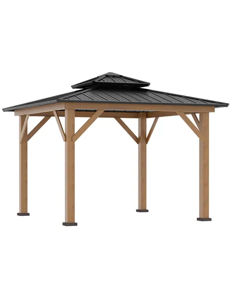 Outsunny 3.5 x 3.5m Outdoor Hardtop Gazebo Canopy with Two-tier Metal Roof and Solid Wood Frame Outdoor Patio Shelter for Patio,