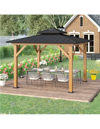 Outsunny 3.5 x 3.5m Outdoor Hardtop Gazebo Canopy with Two-tier Metal Roof and Solid Wood Frame Outdoor Patio Shelter for Patio,