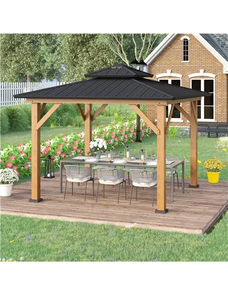 Outsunny 3.5 x 3.5m Outdoor Hardtop Gazebo Canopy with Two-tier Metal Roof and Solid Wood Frame Outdoor Patio Shelter for Patio,