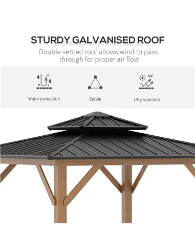 Outsunny 3.5 x 3.5m Outdoor Hardtop Gazebo Canopy with Two-tier Metal Roof and Solid Wood Frame Outdoor Patio Shelter for Patio,