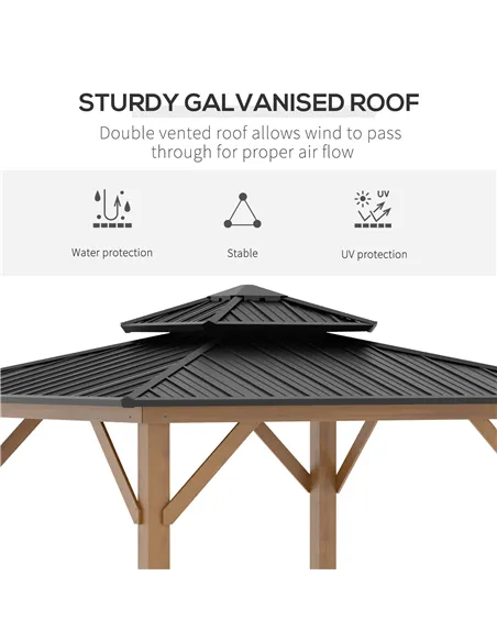 Outsunny 3.5 x 3.5m Outdoor Hardtop Gazebo Canopy with Two-tier Metal Roof and Solid Wood Frame Outdoor Patio Shelter for Patio,