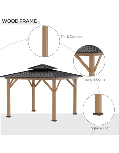 Outsunny 3.5 x 3.5m Outdoor Hardtop Gazebo Canopy with Two-tier Metal Roof and Solid Wood Frame Outdoor Patio Shelter for Patio,