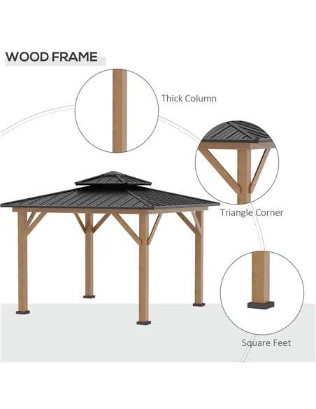 Outsunny 3.5 x 3.5m Outdoor Hardtop Gazebo Canopy with Two-tier Metal Roof and Solid Wood Frame Outdoor Patio Shelter for Patio,