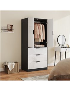 HOMCOM 2 Door Wardrobe, Modern Wardrobe with 3 Drawers and Hanging Rod for Bedroom, High Gloss White 2