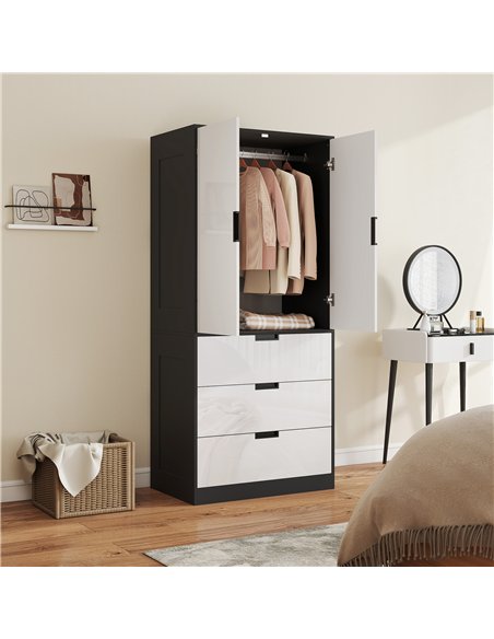 HOMCOM 2 Door Wardrobe, Modern Wardrobe with 3 Drawers and Hanging Rod for Bedroom, High Gloss White
