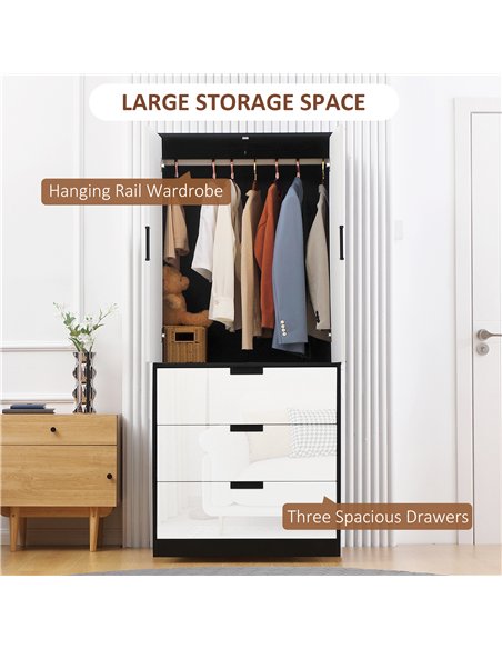 HOMCOM 2 Door Wardrobe, Modern Wardrobe with 3 Drawers and Hanging Rod for Bedroom, High Gloss White