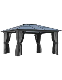 Outsunny 3.6 x 4m Hardtop Gazebo Canopy with Polycarbonate Roof, Aluminium Frame, Permanent Pavilion Garden Gazebo with Netting 