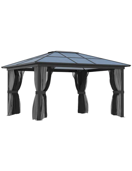 Outsunny 3.6 x 4m Hardtop Gazebo Canopy with Polycarbonate Roof, Aluminium Frame, Permanent Pavilion Garden Gazebo with Netting 