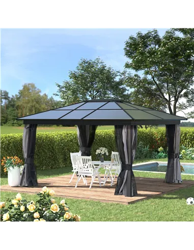 Outsunny 3.6 x 4m Hardtop Gazebo Canopy with Polycarbonate Roof, Aluminium Frame, Permanent Pavilion Garden Gazebo with Netting 