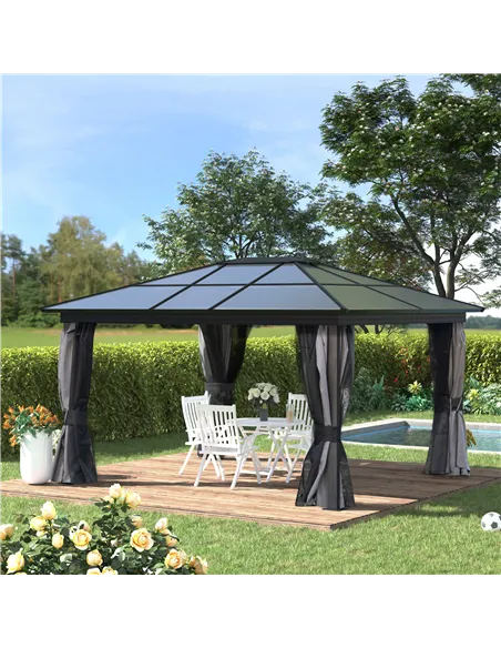 Outsunny 3.6 x 4m Hardtop Gazebo Canopy with Polycarbonate Roof, Aluminium Frame, Permanent Pavilion Garden Gazebo with Netting 