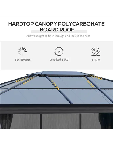 Outsunny 3.6 x 4m Hardtop Gazebo Canopy with Polycarbonate Roof, Aluminium Frame, Permanent Pavilion Garden Gazebo with Netting 