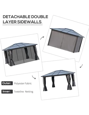 Outsunny 3.6 x 4m Hardtop Gazebo Canopy with Polycarbonate Roof, Aluminium Frame, Permanent Pavilion Garden Gazebo with Netting 