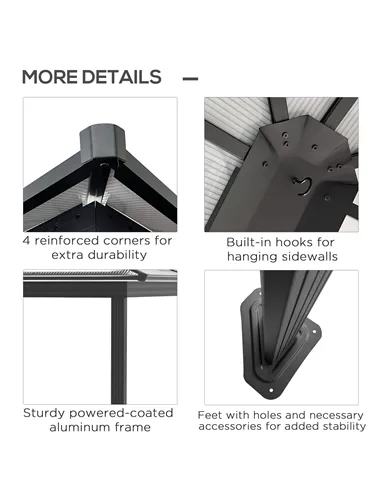 Outsunny 3.6 x 4m Hardtop Gazebo Canopy with Polycarbonate Roof, Aluminium Frame, Permanent Pavilion Garden Gazebo with Netting 