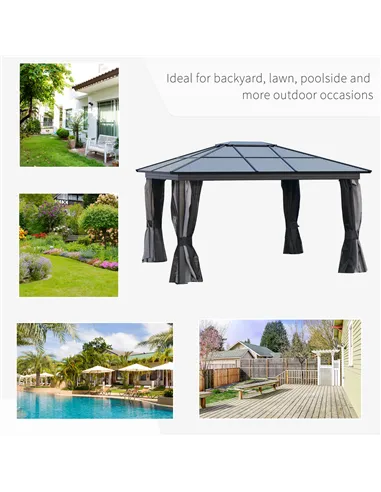 Outsunny 3.6 x 4m Hardtop Gazebo Canopy with Polycarbonate Roof, Aluminium Frame, Permanent Pavilion Garden Gazebo with Netting 