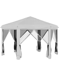 Outsunny 3.2m Pop Up Gazebo Hexagonal Canopy Tent Outdoor Sun Protection with Mesh Sidewalls, Handy Bag, Light Grey