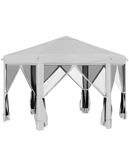 Outsunny 3.2m Pop Up Gazebo Hexagonal Canopy Tent Outdoor Sun Protection with Mesh Sidewalls, Handy Bag, Light Grey