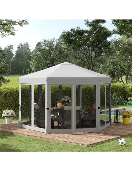 Outsunny 3.2m Pop Up Gazebo Hexagonal Canopy Tent Outdoor Sun Protection with Mesh Sidewalls, Handy Bag, Light Grey