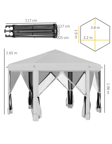 Outsunny 3.2m Pop Up Gazebo Hexagonal Canopy Tent Outdoor Sun Protection with Mesh Sidewalls, Handy Bag, Light Grey