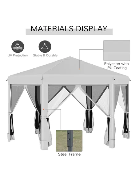 Outsunny 3.2m Pop Up Gazebo Hexagonal Canopy Tent Outdoor Sun Protection with Mesh Sidewalls, Handy Bag, Light Grey