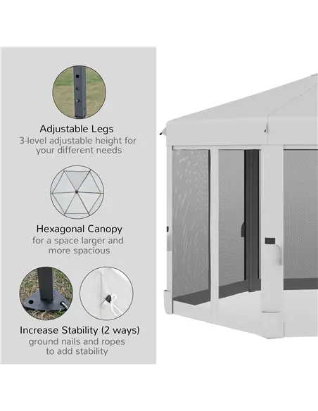 Outsunny 3.2m Pop Up Gazebo Hexagonal Canopy Tent Outdoor Sun Protection with Mesh Sidewalls, Handy Bag, Light Grey
