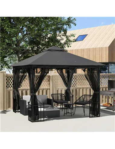 Outsunny 3 x 3m Garden Gazebo Patio Party Tent Shelter Outdoor Canopy Double Tier Sun Shade with Metal Frame and Netting, Dark G