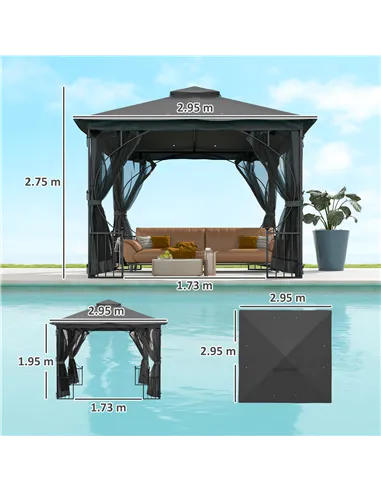 Outsunny 3 x 3m Garden Gazebo Patio Party Tent Shelter Outdoor Canopy Double Tier Sun Shade with Metal Frame and Netting, Dark G