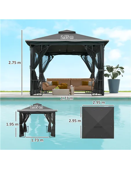 Outsunny 3 x 3m Garden Gazebo Patio Party Tent Shelter Outdoor Canopy Double Tier Sun Shade with Metal Frame and Netting, Dark G
