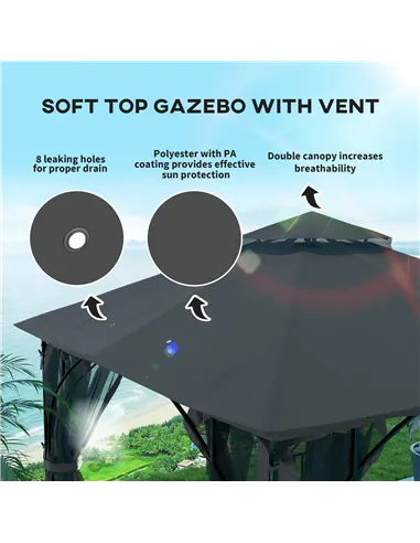 Outsunny 3 x 3m Garden Gazebo Patio Party Tent Shelter Outdoor Canopy Double Tier Sun Shade with Metal Frame and Netting, Dark G