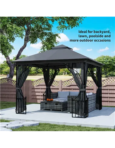 Outsunny 3 x 3m Garden Gazebo Patio Party Tent Shelter Outdoor Canopy Double Tier Sun Shade with Metal Frame and Netting, Dark G