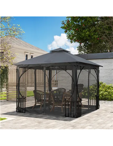 Outsunny 3 x 3m Garden Gazebo Patio Party Tent Shelter Outdoor Canopy Double Tier Sun Shade with Metal Frame and Netting, Dark G