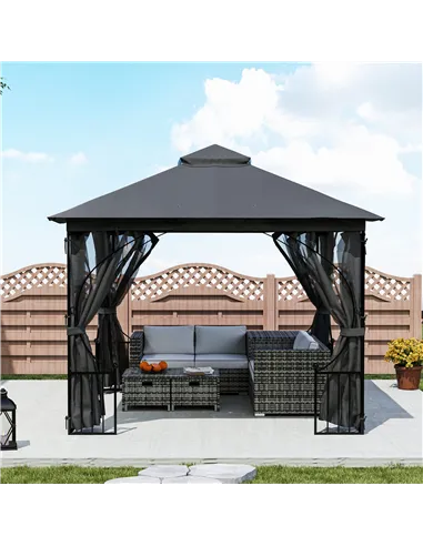 Outsunny 3 x 3m Garden Gazebo Patio Party Tent Shelter Outdoor Canopy Double Tier Sun Shade with Metal Frame and Netting, Dark G